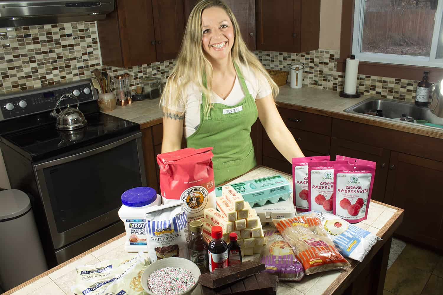 Hannah ready to bake with all ingredients